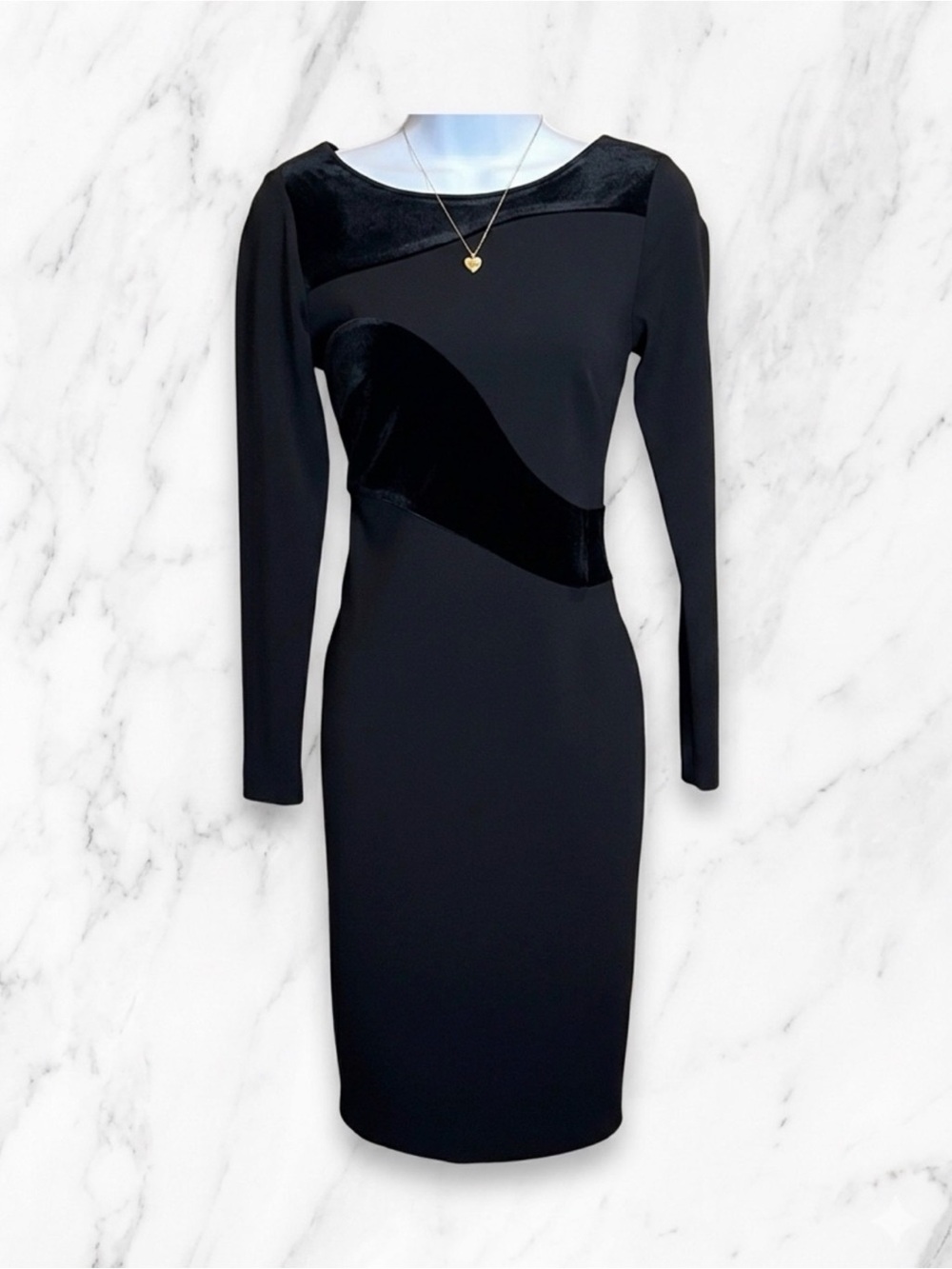 Calvin Klein Black Velvet Trim Long Sleeve Boat Neck Sheath Cocktail Dress Sz 2
